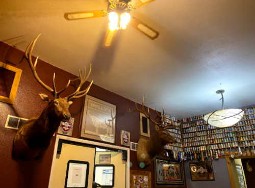 A rustic interior featuring mounted deer heads, a ceiling fan, and walls adorned with various memorabilia and cans.