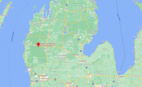 Map of Michigan highlighting the location of Jones Homemade Ice Cream Parlor in the northwest region.
