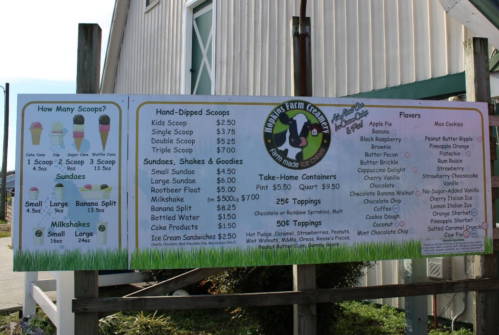 Menu board for an ice cream shop featuring prices for scoops, sundaes, milkshakes, and various flavors.