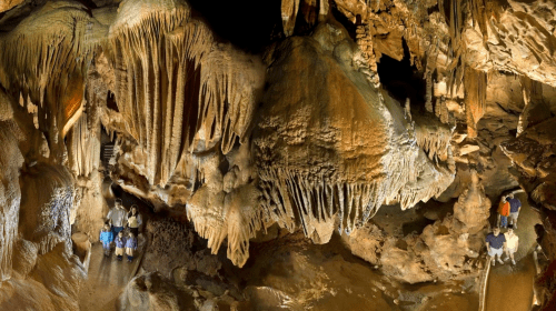 Visitors explore a stunning cave with impressive stalactites and stalagmites, illuminated by soft lighting.