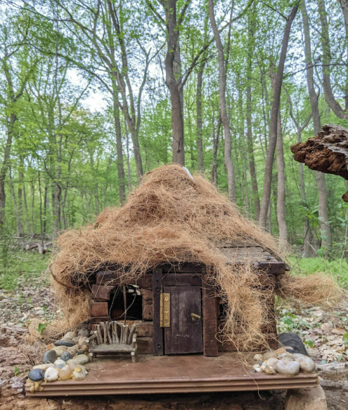 A small, rustic wooden house with a thatched roof made of natural fibers, surrounded by trees in a forest setting.