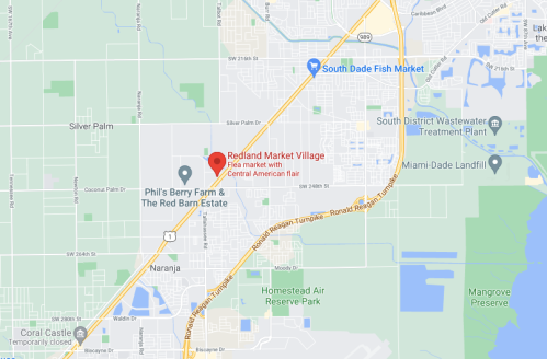 Map showing Redland Market Village, a flea market with Central American flair, near Naranja, Florida.