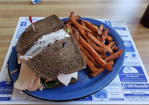 A plate featuring a turkey sandwich on dark bread with lettuce, accompanied by a side of sweet potato fries.