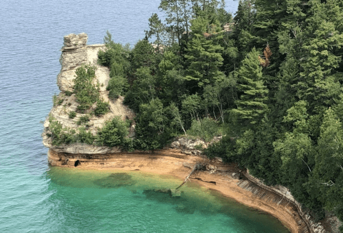 A rocky shoreline with lush green trees and clear turquoise water, creating a serene natural landscape.
