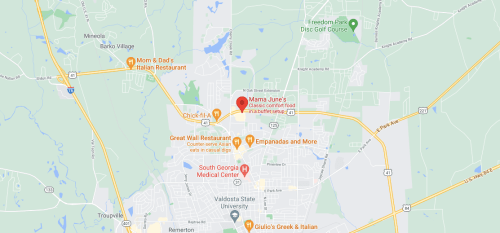 Map showing Valdosta, Georgia, with markers for restaurants and local landmarks, including Mama June's and Chick-fil-A.