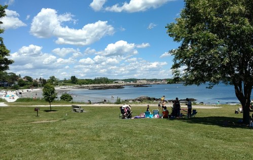 A sunny beach scene with people enjoying the water, grassy areas, and fluffy clouds in a blue sky.