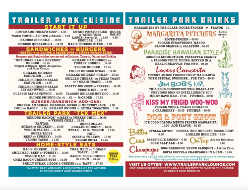 Menu featuring "Trailer Park Cuisine" with sections for starters, sandwiches, burgers, and drinks, including margaritas and cocktails.