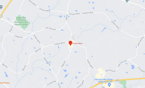 Map showing the location of "Donut Now" near Hamilton Mill Road and Thompson Mill Road.