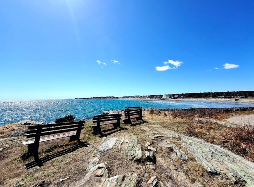 A scenic view of the ocean with benches overlooking the water under a clear blue sky.