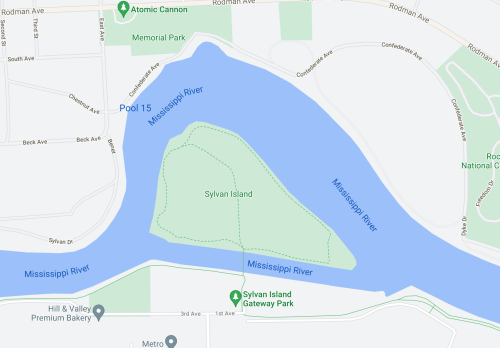 Map showing Sylvan Island in the Mississippi River, near Memorial Park and Gateway Park.