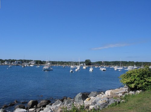 A serene harbor scene with sailboats anchored in calm blue waters, surrounded by green trees and rocky shoreline.