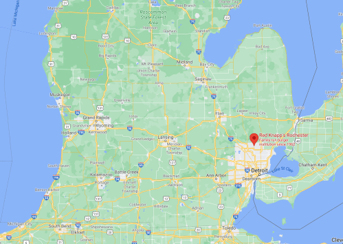 Map of Michigan highlighting the area around Detroit and Rochester, with a marker for Red Knapp's Rochester.