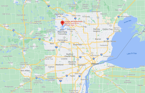 Map showing the location of Dodge #4 State Park near Detroit, Michigan, with nearby towns and landmarks.