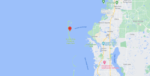 Map showing the location of Anclote Key Preserve State Park off the coast of Florida, near Tarpon Springs.