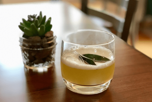 A glass of yellow cocktail with a leaf garnish sits on a wooden table next to a small succulent plant.