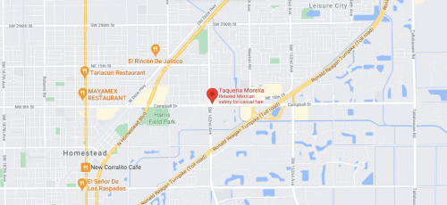 Map showing the location of Taqueria Morelia in Homestead, Florida, near various restaurants and parks.