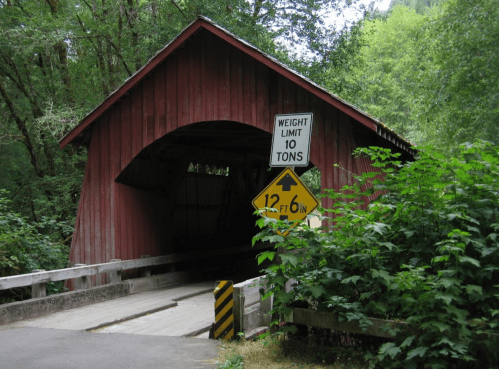 A red covered bridge surrounded by greenery, with signs indicating weight limit and height clearance.