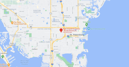 Map of St. Petersburg, Florida, highlighting the location of Right Around the Corner Arcade Brewery.