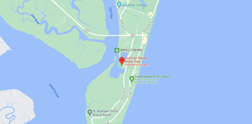 Map showing Jekyll Island with Summer Waves Water Park and nearby picnic areas marked.