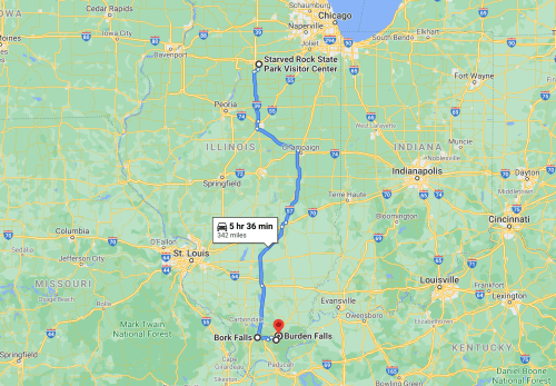 Map showing a route from Bork Falls to Starved Rock State Park Visitor Center in Illinois, covering 342 miles.