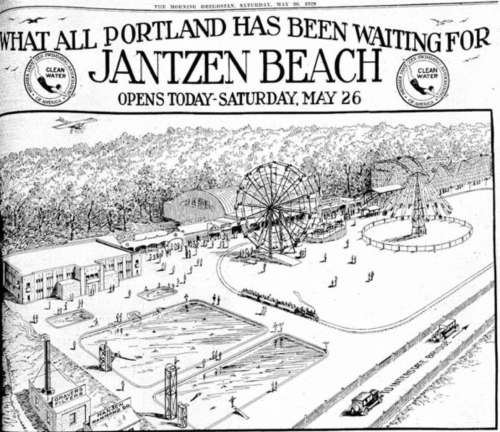 Illustration of Jantzen Beach amusement park opening, featuring rides, pools, and a festive atmosphere. Date: May 26.