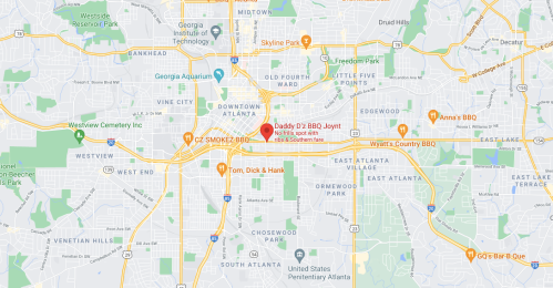Map of Atlanta, highlighting various locations including Daddy D's BBQ and other nearby landmarks.