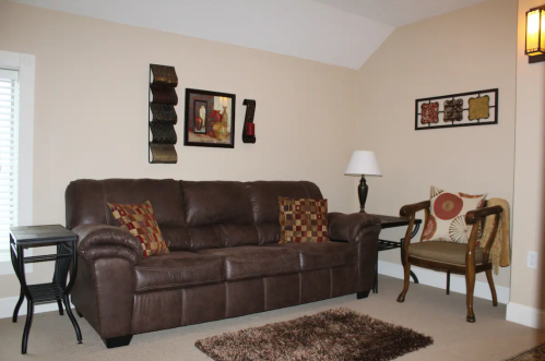 Cozy living room with a brown sofa, decorative pillows, a lamp, and wall art, featuring a rug on a light carpet.