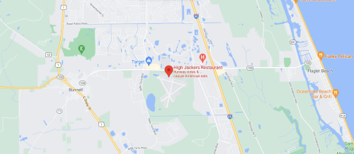Map showing the location of High Jackers Restaurant near Flagler Beach, with nearby landmarks and roads.