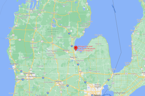 Map showing the location of the Antique Toy and Fire Truck Museum in Michigan, near Midland and Saginaw.