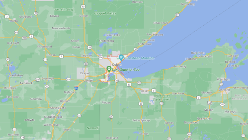 Map showing Duluth, Minnesota, with notable locations like Glensheen Mansion and Lake Superior Zoo marked.