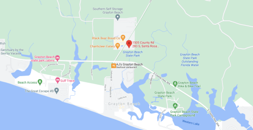 Map of Grayton Beach, highlighting local businesses and attractions, including restaurants and state park areas.