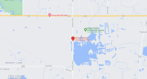 Map showing Edward Medard Conservation Park, with nearby Citrus Hills RV Park and Medard Park in Hillsborough County.