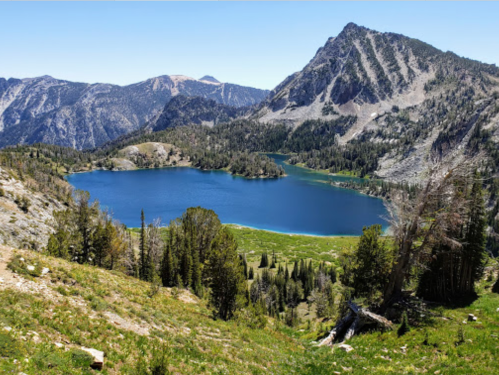 A scenic view of a blue lake surrounded by mountains and lush greenery under a clear blue sky.