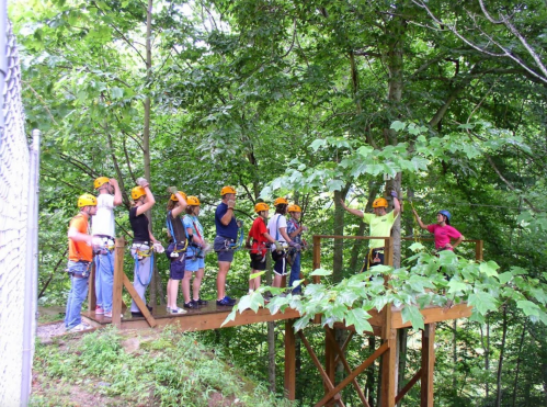 A group of people in helmets and harnesses prepares to zip line from a wooden platform in a forested area.