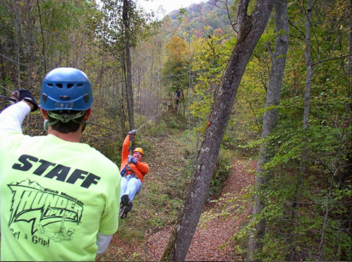 A person zip-lining through a forest, while another individual in a bright shirt watches from the side.