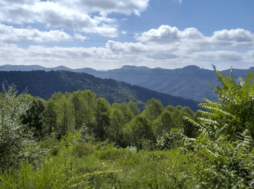 A scenic view of rolling hills and lush greenery under a partly cloudy sky.
