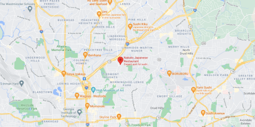 Map of Atlanta highlighting Nakato Japanese Restaurant and nearby sushi spots, with major roads and landmarks.