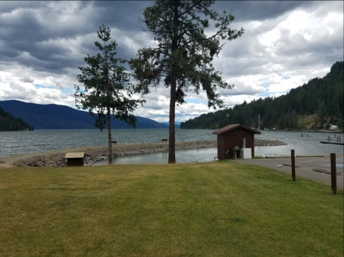A serene lakeside view with a grassy area, a tree, and a small building near the water under a cloudy sky.