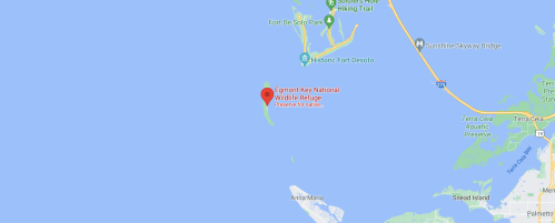 Map showing the location of Egmont Key National Wildlife Refuge in Florida, near the Sunshine Skyway Bridge.
