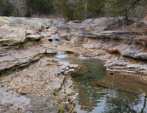 Rocky landscape with a shallow stream and small pools of water, surrounded by trees and dry vegetation.