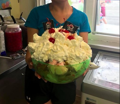 A person holds a large bowl of ice cream topped with whipped cream and cherries, showcasing a colorful dessert.