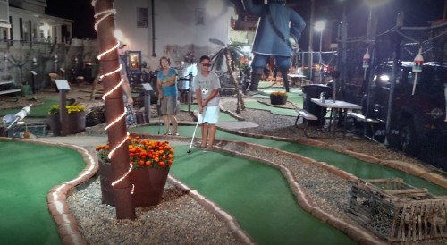 A mini-golf course at night with players, colorful flowers, and palm trees under bright lights.