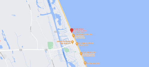 Map showing the location of Break Awayz restaurant near the coast, with nearby dining options and water features.