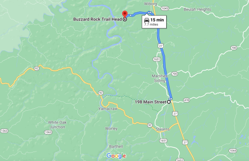 Map showing directions from 198 Main Street to Buzzard Rock Trail Head, 15 minutes and 7.7 miles away.