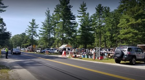 A busy roadside scene with cars parked along a tree-lined area, featuring a gathering of people and vendor stalls.