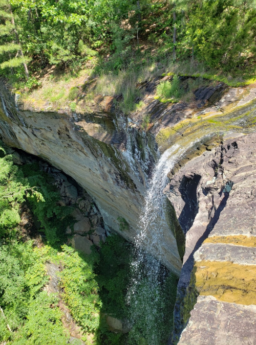 A waterfall cascading over a rocky cliff surrounded by lush green trees and vegetation.