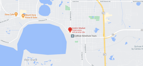 Map showing Goblin Market, a global eatery, near CatBoat Adventure Tours in Mount Dora, Florida.