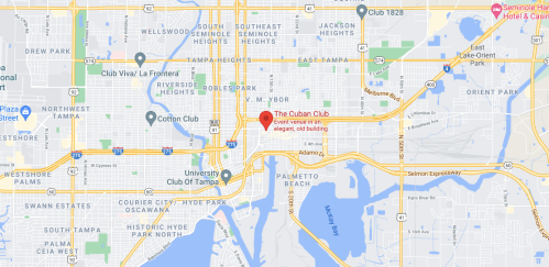 Map showing the location of The Cuban Club in Tampa, Florida, near highways and various landmarks.