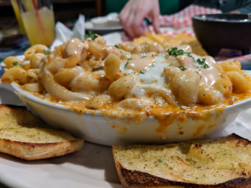 A creamy pasta dish topped with cheese and sauce, served with garlic bread on the side.