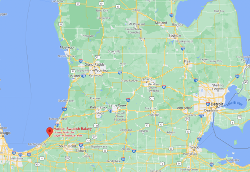Map showing southwestern Michigan with a marker for Harbert Swedes Bakery, near Lake Michigan.